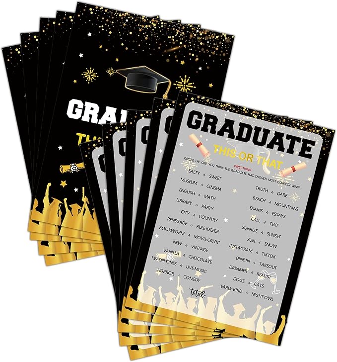 Graduation Party Games - This Or That Game Cards for The Graduate - Graduation Party Decorations 2024 - Gold & Black Grad Celebrations Party Supplies for High School/College - 30 Game Cards(F03)