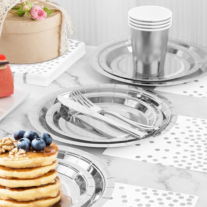 Silver Plates Party Supplies Disposable Dinnerware Set,168pcs Silver Paper Plates and Napkins for Graduation Holiday Disco Birthday Party Decorations Serves 24