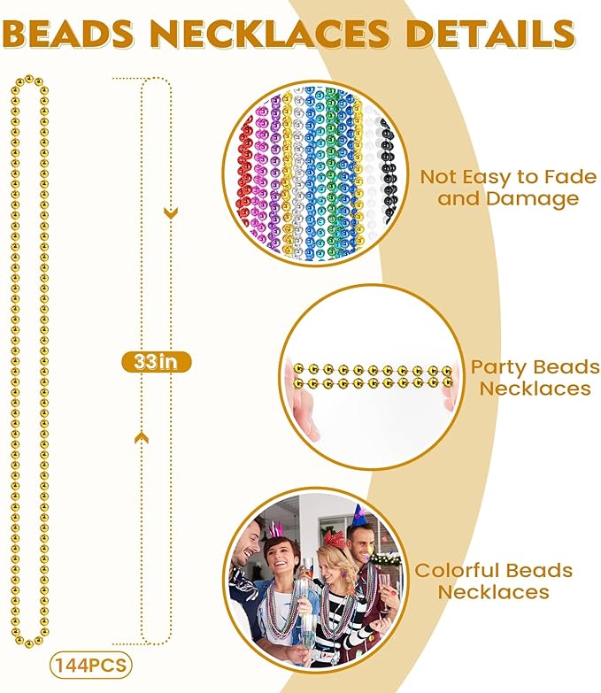 SHAOQINLIN 144 PCS Mardi Gras Beads Necklaces, 33'' Colorful Christmas Necklace Party Beads Round Beaded Necklaces for Mardi Gras, Christmas, Carnival Party Favor in 12 Colors