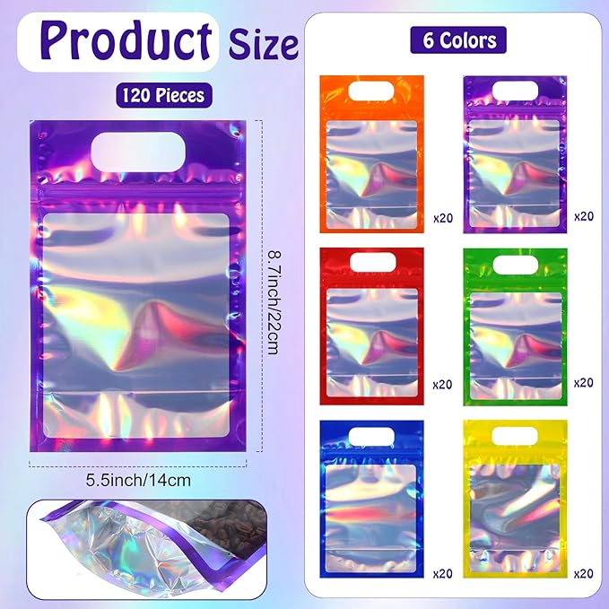 120 Pcs Plastic Gift Bag Bulk Resealable Party Goodie Bag with Clear Window Color Favor Pouch with Handle for Home Birthday Wedding Party Candy Gift Wrap Supplies(Laser,5.5 x 8.7 Inch)
