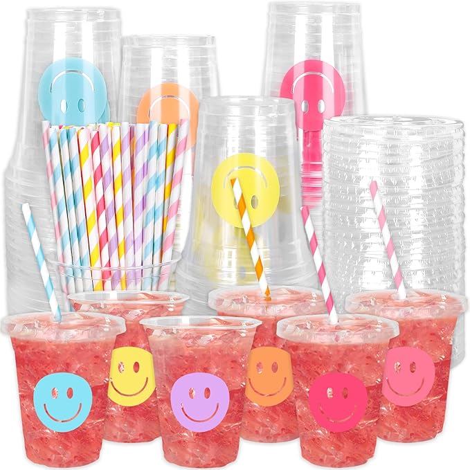Whaline 60Pcs Smile Face Disposable Plastic Cups with Lids and Straws 12oz Pastel Preppy Smile Pattern Cold Beverage Drinking Cup for First Birthday Baby Shower Wedding