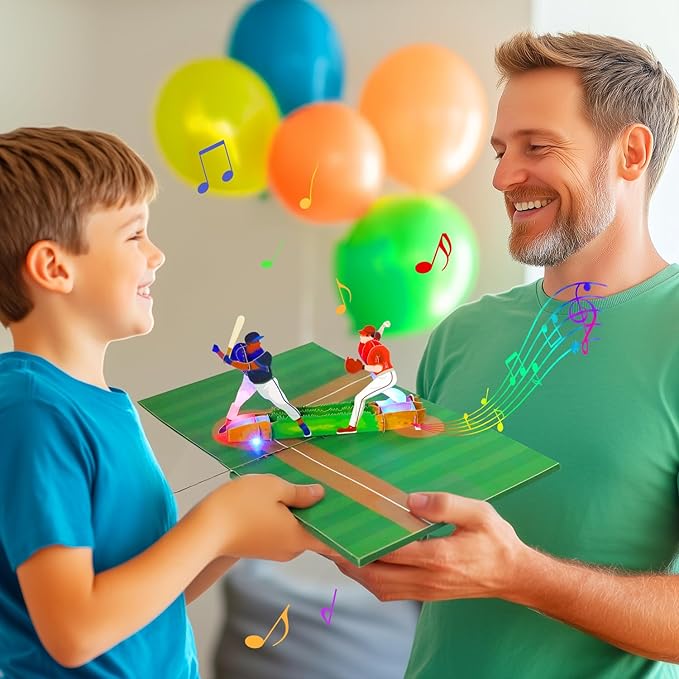 Magic Ants Musical 3D Pop-Up Baseball Card, Plays "Happy Birthday to You" Tune, Light-Up Baseball Scene with Batting & Pitching Players, Interactive Greeting Card for Baseball Fans, Players, Coaches, Collectors