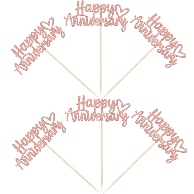 24 PCS Happy Anniversary Cupcake Toppers Glitter Wedding Anniversary Cupcake Picks Decorations for Wedding Anniversary Birthday Party Supplies Rose Gold