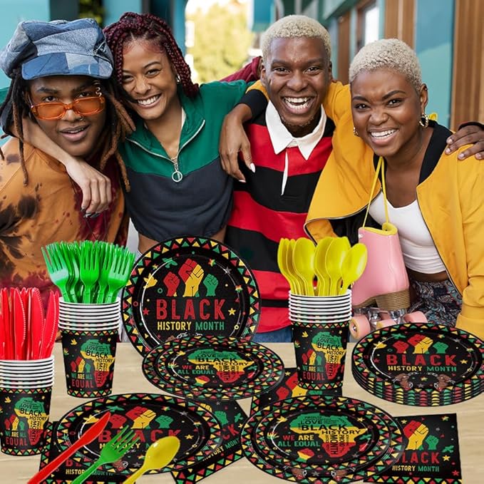 168pcs Black History Month Decorations Plates Napkins Disposable Paper Cups Tableware Set Black History Month Party Supplies for African American Festival Decor Serve 24 Guests