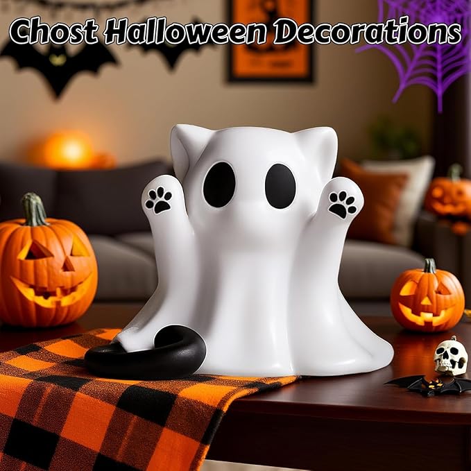 Halloween Ghost Statue Cute Spooky Figurines Desk Decor Cartoon Mini Spooky Decorations Halloween Unique Cat Ghost Figurines for Festive Home and Office Desktop Decor Display Ornaments