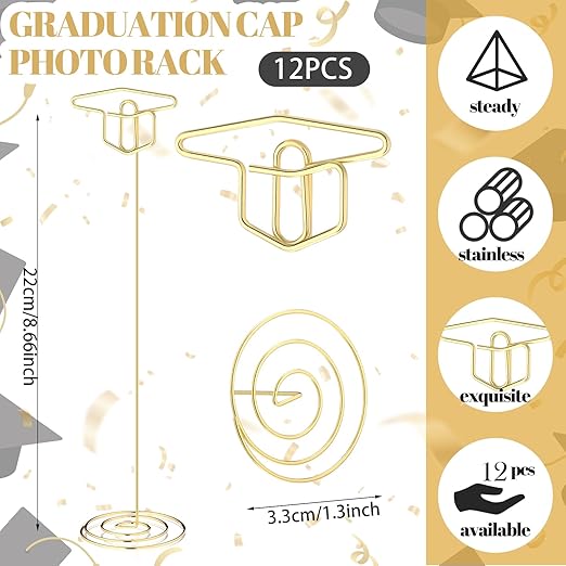 Rtteri 12 Pcs 2026 Grad Cap Graduation Picture Display 8.7 Inch Large Gold Photo Holders for Centerpieces Graduation Table Number Holders Card Stands for Class of 2026 Grad Party Supplies