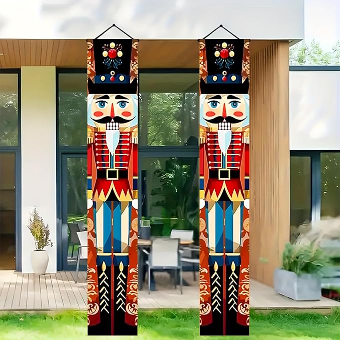 Christmas Door Banner Set 12x71 Inch Nutcracker Soldier Vertical Porch Hanging Sign Indoor Outdoor Polyester Holiday Entryway Decoration Seasonal Photo Backdrop