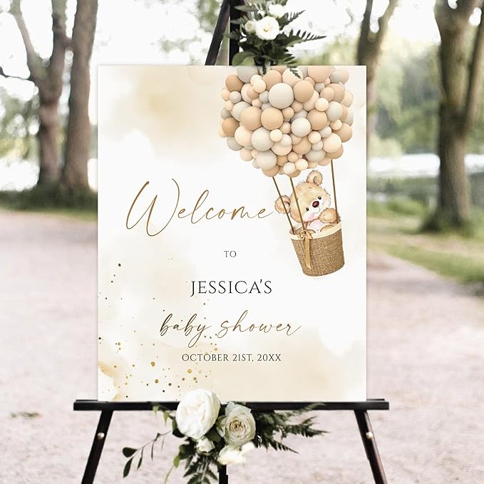 Personalized Brown Teddy Bear Baby Shower Welcome Sign, Balloon Bear Baby Shower Sign, Welcome to Baby Shower Sign Decoration