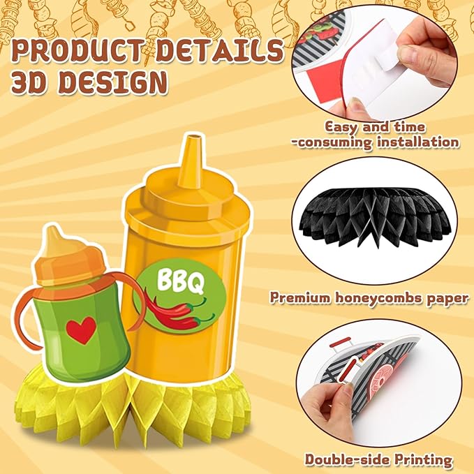 JULMELON 9PCS BBQ Baby Shower Party Decorations Honeycomb Centerpieces, 3D Double Side Summer Picnic Centerpieces for Tables Cookout BBQ Birthday Picnic Themed Party Decorations Supplies