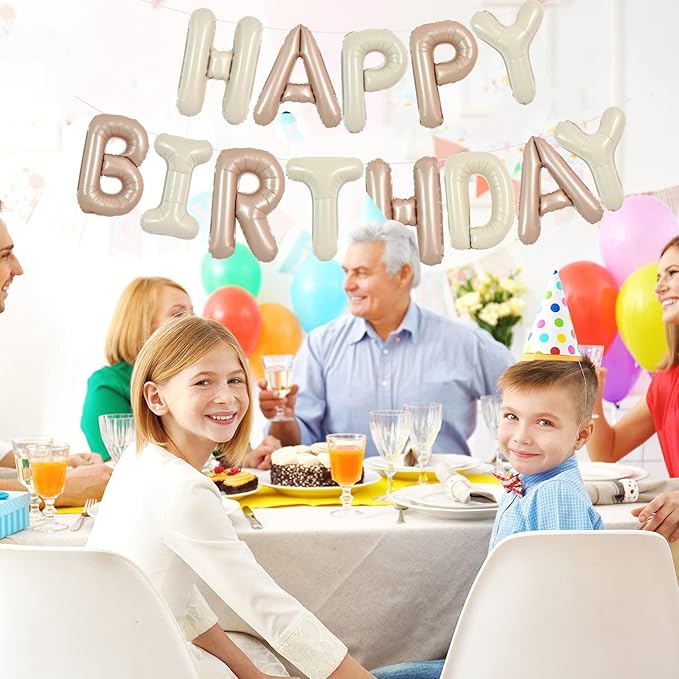 TONIFUL 16 Inch Light Brown Cream Mylar Foil Balloons Banner Happy Birthday Balloon Letters for Adults & Girls Boys Kids Birthday Decorations Party Supplies