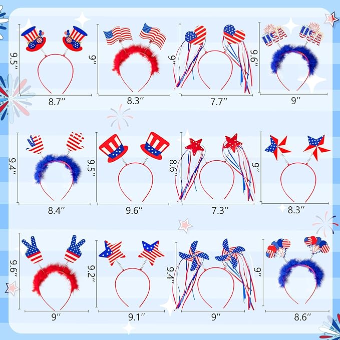Moon Boat 12PCS Patriotic Head Boppers Headband - Star Uncle Sam Hat Balloons- Fourth 4th of July Party Accessories Favors Decorations