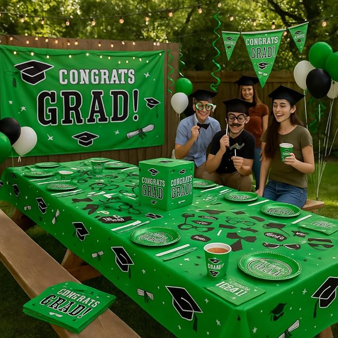 Serves 30 | Ultimate Party Pack | Congrats Grad Green Party Supplies | 9" Dinner Paper Plates | 7" Dessert Paper Plates | 9 oz Cups | 3 Ply Napkins | 2 Table Cover | 20 Photo Props | 12 Swirls | 30