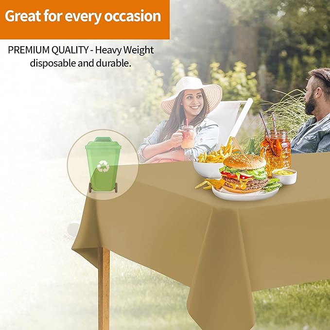 Party Dimensions Gold Disposable Plastic Tablecloth for Rectangle Tables (48 Pack) Premium Decorative Table Cloths for Parties, Events & Weddings, Indoors & Outdoors, 54 x 108 inches