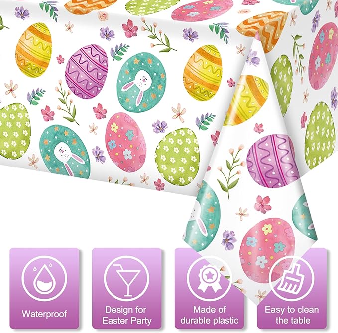 Ragnhild 3 Pack Easter Tablecloth Party Decorations, Easter Eggs Bunny Plastic Tablecloth Table Decor, Watercolor Spring Disposable Rectangle Table Cover for Home, Kitchen, Dining Room, 54 x 108 Inch