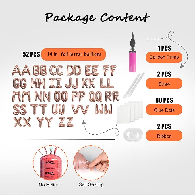 52 pcs Rose Gold Foil Letter Balloons with Air Pump, 16 Inch 2 A-Z Sets - Mylar Alphabet Balloon Kit for Birthday Banner & Party Decorations