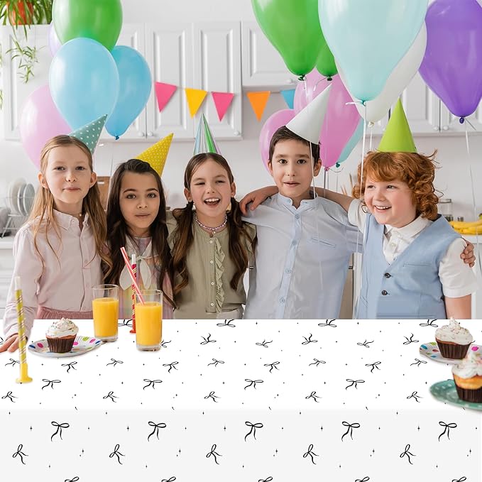 4Pcs Black Bow Birthday Party Decoration Girl Tablecloth Plastic Black White Bow Table Cloth Waterproof Rectangle Tablecover for Women Baby Shower Bachelorette Engagement Supplies 108x54in
