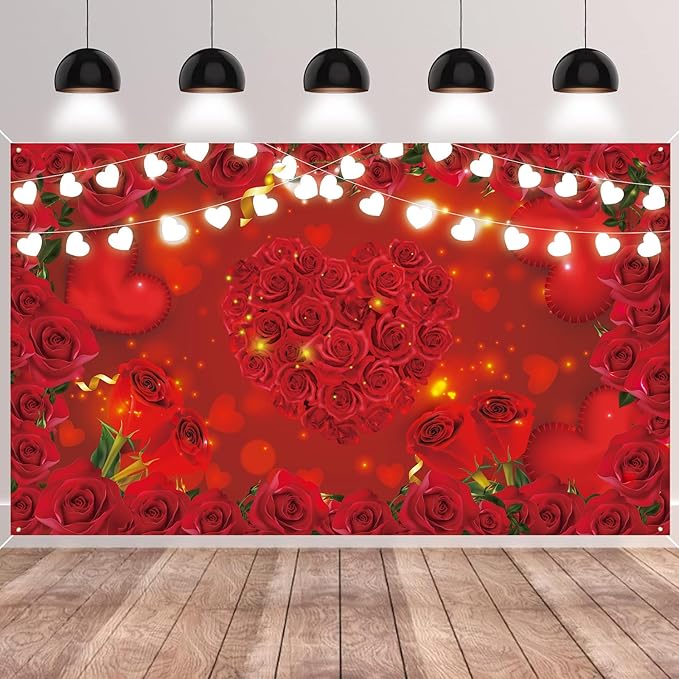 Red Rose Flowers Backdrop Floral Heart Light Photography Background Hanging Banner Decoration for Wedding Anniversary Mother's Birthday Party Supplies 72.8 * 43.3in