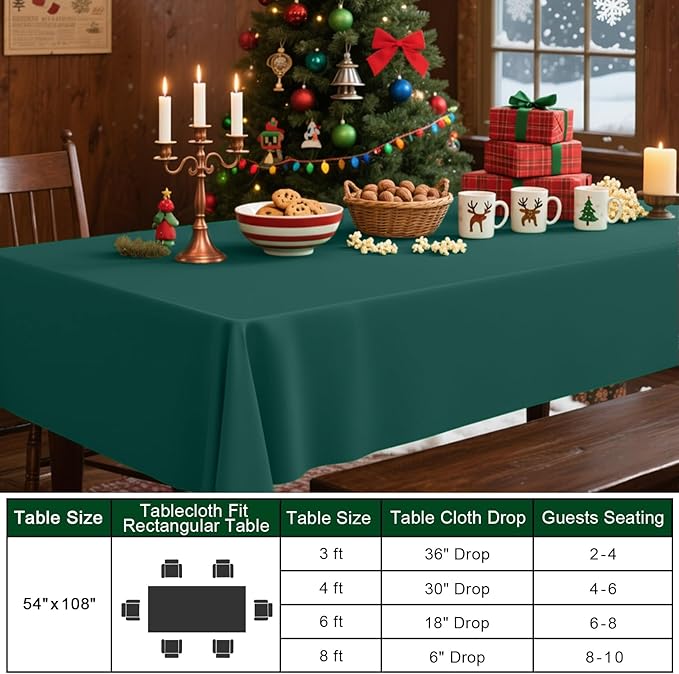 Smiry Disposable Table Cloth - 10 Pack, 54 x 108 Inch Waterproof Rectangle Tablecloths for Parties, Decorative Plastic Table Cover, Leakproof & Sturdy, Christmas Green