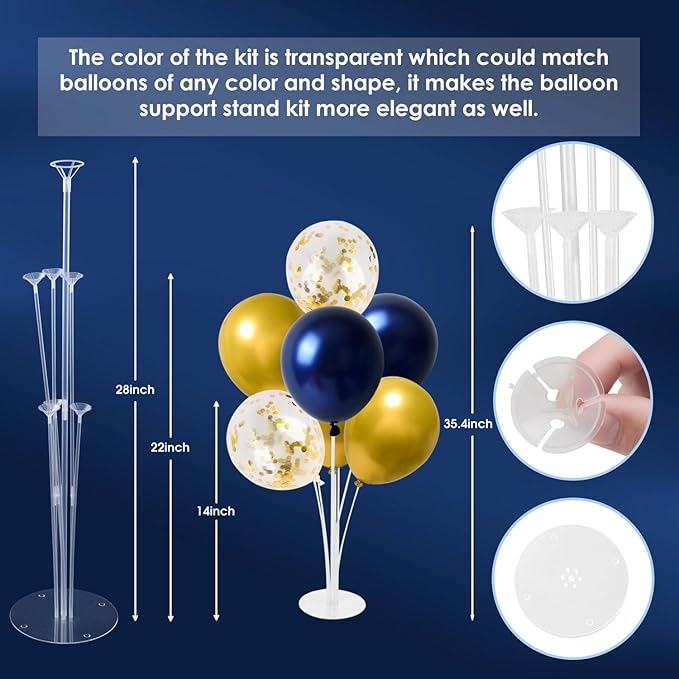 4 Sets Balloon Stand Kit, Balloon Sticks Holder with Navy and Gold Balloons for Table Centerpiece Graduation Birthday Father's Day New Year Party Decorations(Navy and Gold)