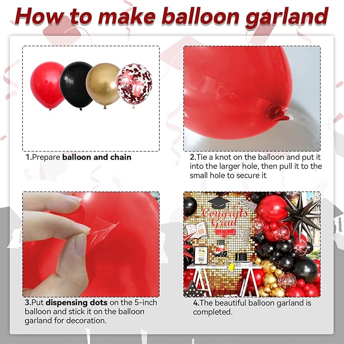 Red Black Gold Balloon Arch Kit with Explosion Star Foil Balloons Black Gold Balloons Red Confetti Graduation Balloon Garland for 2025 Graduation Decoration Birthday Baby Shower Party
