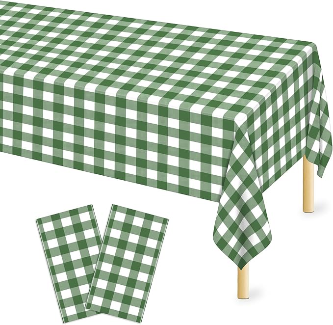 Mulbozy Sage Green Gingham Tablecloth 2 Pack, 54 x 108 Inch Plastic Table Cloth Disposable, Sage Green and White Checkered Table Cover for Party Supplies