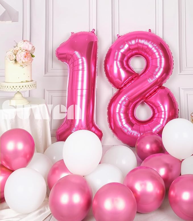 SUWEN 40 Inch Hot Pink Large 18 Number Balloons Big Foil Helium Number Balloons 0-9 Jumbo Happy 18th Mylar Birthday Party Decorations for Girl or Women 81 Anniversary Party Supplies