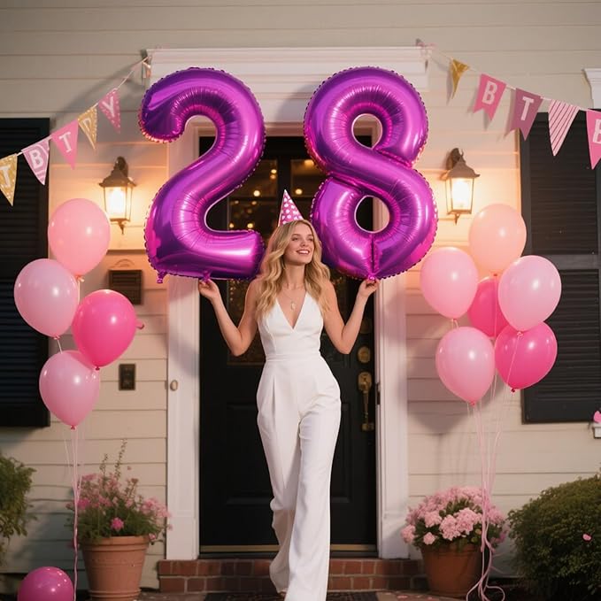 40 Inch Large 28 Balloon Numbers Rose Purple Big Foil Number Balloons Giant Helium Happy Birthday Party Decorations for Man and Women, Huge Mylar Anniversary Party Supplies
