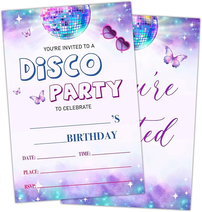 Disco Party Birthday Party Invitation Cards for Women Girls Boys, Disco Birthday Celebration Party Invite Cards Supplies, 20 Double-Sided Fill In Invites With Envelopes -09