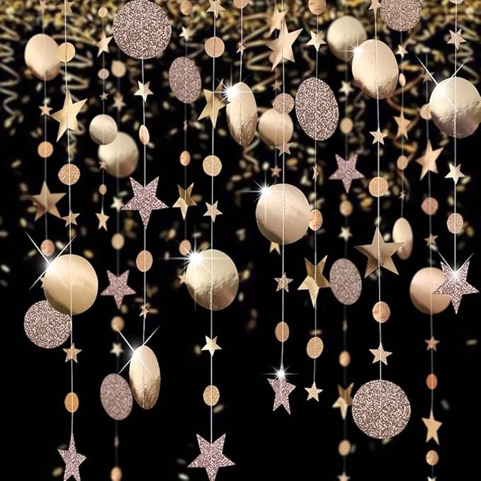 Decor365 Twinkle Star Garlands Champagne Gold Party Decorations Stars Banner Ceiling Hanging Decor Streamer Backdrop for Birthday Bachelorette Christmas New Year Eve Starry Night Theme Party Decor