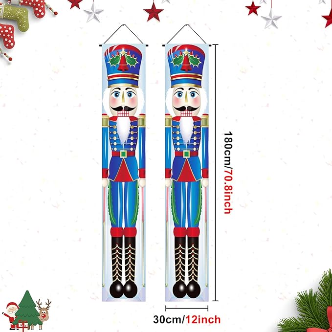 Christmas Nutcracker Door Banner 12x71 Inch Soldier Couplets Decoration for Front Porch Holiday Entryway Outdoor Xmas Wall Decor with Red Blue Toy Guard Design