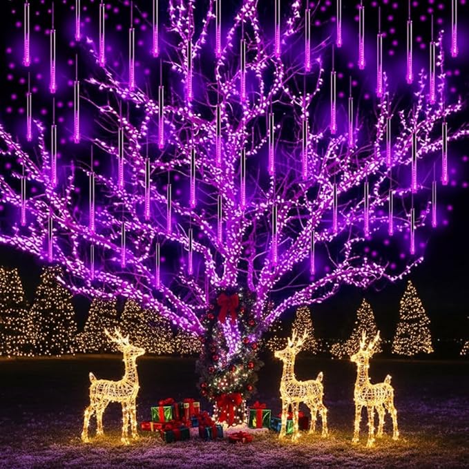 Christmas Decoration Outdoors - 32 Tubes Meteor Shower Lights, Waterproof Falling Rain Lights for Halloween Decor Xmas Tree Garden Yard Wedding Party, Purple