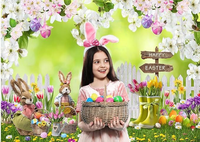 CYLYH 8x6FT Easter Backdrop Spring Flowers Grass Backdrop Colored Egg Rabbit Backdrop for Easter Party Decoration Baby Shower
