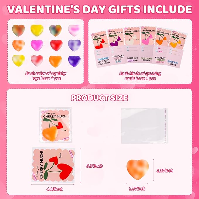 24PCS Valentines Squishies,Valentines Stress Balls for Adults,Valentine Day Cards Classroom Favors,Valentine's Bulk Fidgets Squishy Toys Party Favors Exchange Gift