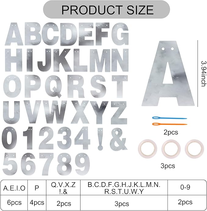 BEISHIDA 116 PCS A-Z DIY Letter Banner Kit Make Your Own Banner Double-sided Silver Including 111 Letters and Numbers 3 Rope and 9 Threading Device,Customized for Birthday Graduation Wedding Decor