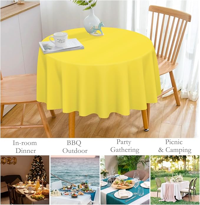 Mulbozy 12 Pack Yellow Round Tablecloth, 84 Inches Plastic Table Cover, Premium Disposable Round Party Tablecloth for Restaurant Dinners, Wedding, Grad Party, Baby Shower, Outdoor Camping