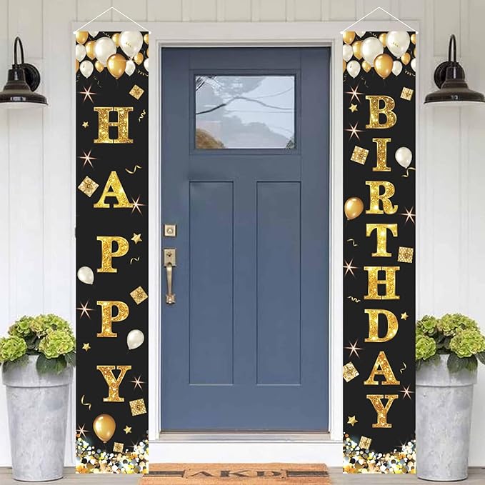Black Gold Happy Birthday Banner Decorations, Happy Birthday Door Banner Porch Sign Wall Hanging For Outdoor Indoor For Men Women Boys And Girls Birthday Party Decor Supplies
