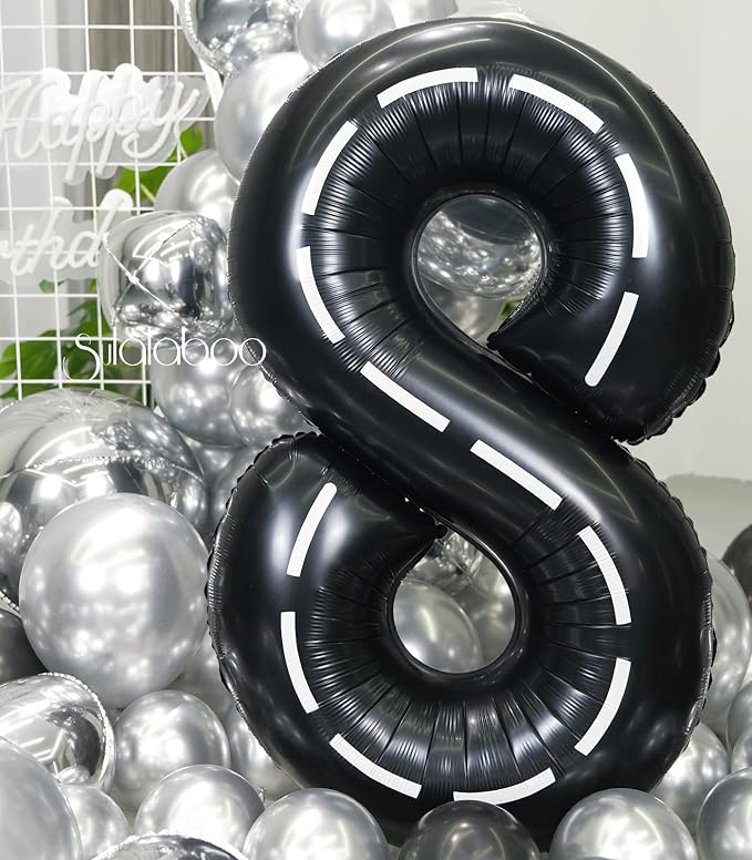 Race Car 40Inch Black 8 Balloon Number Large Helium Race Track 0-9 Giant Digital 8th Foil Mylar Big Party Number Balloons for Boy Birthday Car Theme Party Anniversary Graduation Decorations
