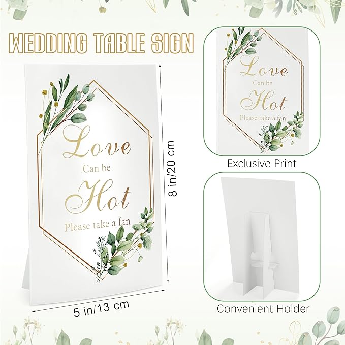 Aneco 120 Pieces Wedding Hand Plastic Fans with Wedding Table Sign Handheld Plastic Fan with Handle for Guests Bulk Wedding Hand Fans for Wedding Ceremony Bridal Shower, Green Leaves