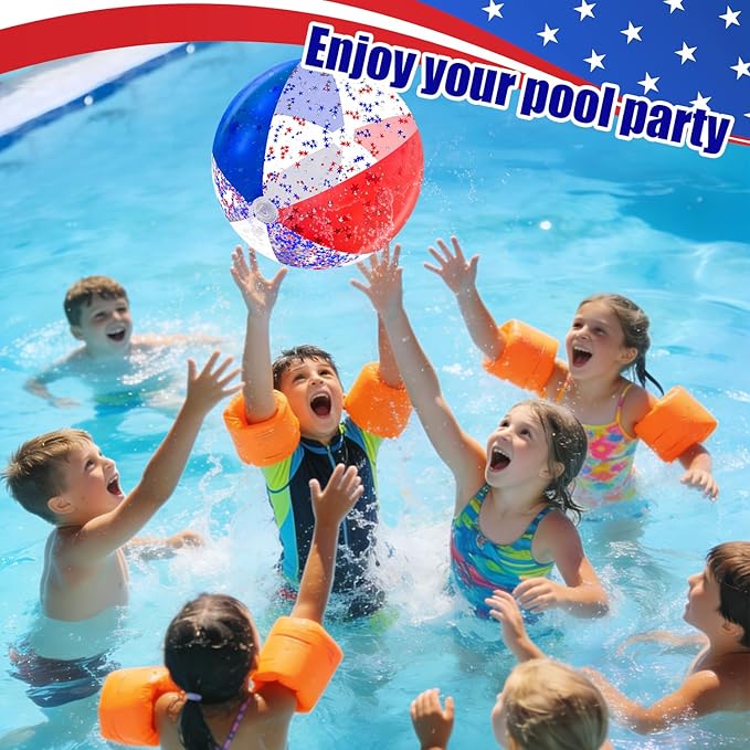 12 Pack 16" Inflatable Patriotic Beach Balls,4th of July Red White and Blue Stars Glitters Beach Ball Bulk,250th Anniversary Pool Toys for Kids & Adults Summer Swimming Pool Beach Party Game Water Toy