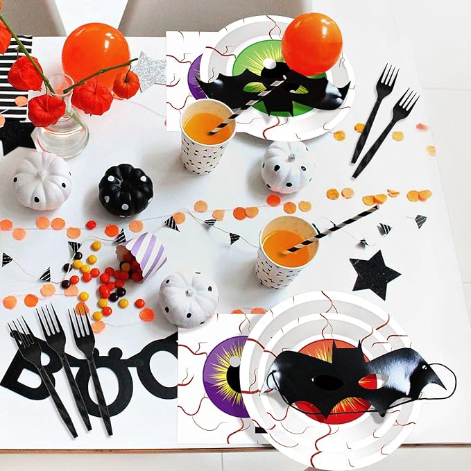 100 Pcs Spooky Halloween Eyeball Party Supplies Set - Serves 25, Scary Disposable Tableware, Includes Paper Plates, Napkins, Forks for Halloween Decorations, Trick or Treat Eyeballs Party Favors
