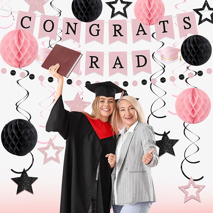 Congrats Grad Banner 2026 Graduation Decoration with Hanging Swirl Honeycomb Ball Circle Garland Grad Party Supplies for College Senior High School Classroom Decor (Pink and Black)