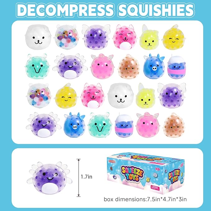 24 Pack Cute Animals Squishies for Kids, Kawaii Mini Squeeze Toys, Bulk Squishy Squeeze Ball Set Anti-Anxiety Stress Relief Toys for Easter Basket Fillers Egg Fillers Party Favors