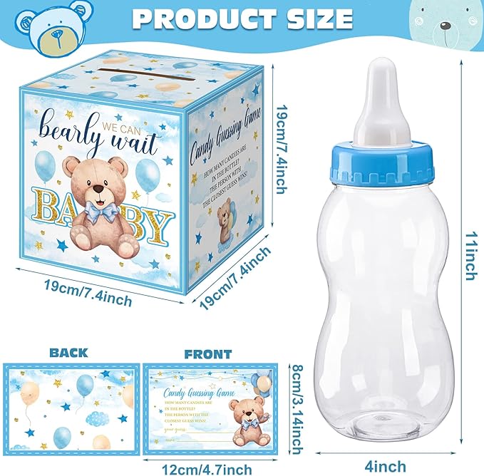 Glenmal 52 Pcs Baby Shower Games Gift Sets Large Baby Bottle for Shower Game Guess How Many Candies Decorations for Gender Reveal(Bear)