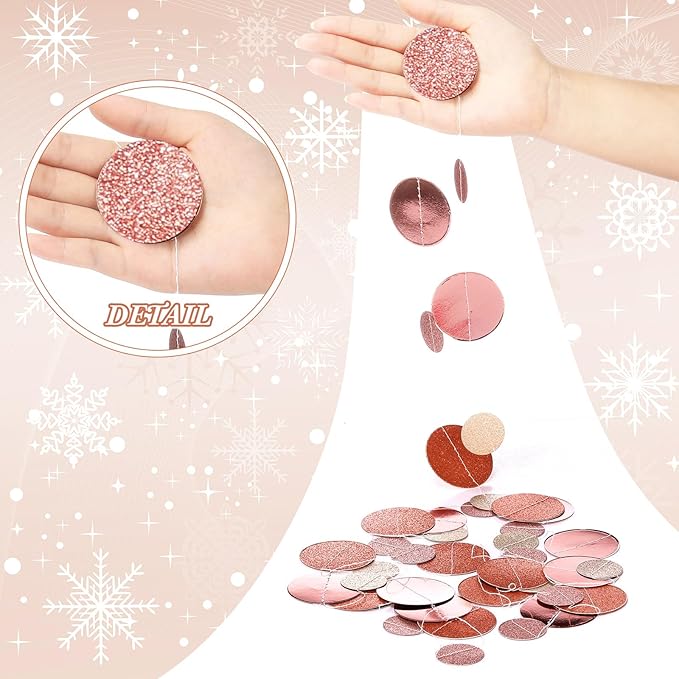 Outus 5 Pieces Rose Gold Round Dots Garland Easter Graduation Party Hanging Decor Each Length 13.1ft Glitter Paper Dot Streamers for Birthday Wedding Classroom (Champagne)
