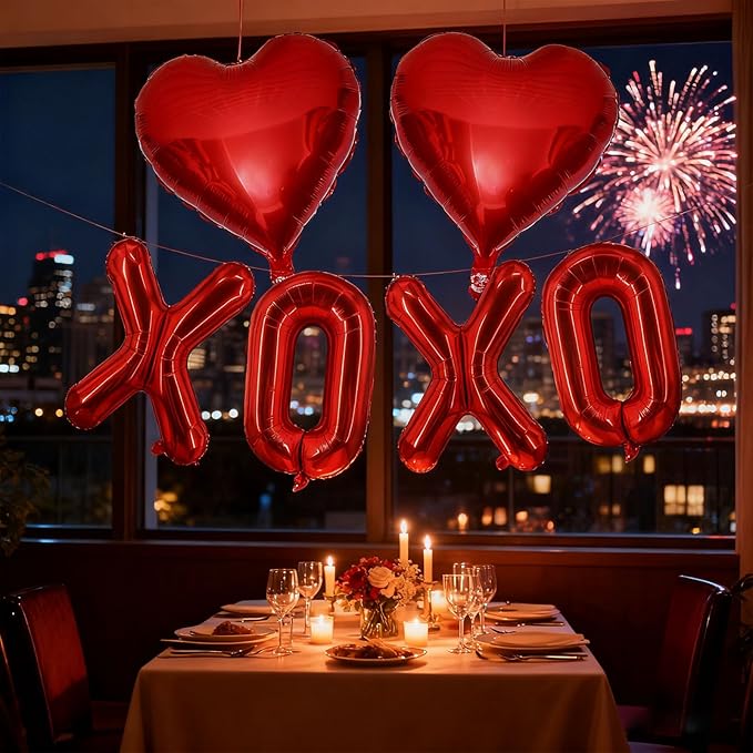 Valentines Day Balloons Decorations Red 6 Pcs 16 Inch - "XOXO" Letter + 2 Heart Balloons with Tape Straws Ribbonfor Romantic Wedding Indoor Valentines Day Decor Party Supplies
