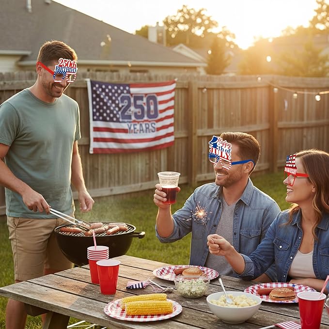 Pajean 32 Pcs 250th USA Patriotic Party Decorations Eyeglasses 250th Anniversary Themed Paper Glasses Supplies USA Patriotic Photo Booth Props Frame for Independence Day Memorial Decor Favors Supplies