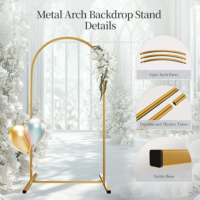 Metal Arch Backdrop Stand Set of 3, Heavy-Duty Balloons Arch Frame for Wedding Ceremony, Party, Baby Shower, Birthday Decorations (Gold, 4ft+5ft+6ft)