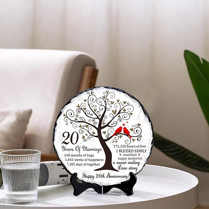 China Anniversary Slate Plate – 20th Anniversary Wedding Gifts for Couples, Husband, Wife or Parents – Elegant Slate Keepsake to Celebrate 20 Years of Marriage