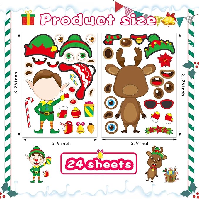 24 Sheets Christmas Stickers for Kids Make a Face Stickers Make Your Own Christmas Characters Mix and Match Stickers, Christmas Party Games Sticker for Christmas Party Favor Supplies School Rewards