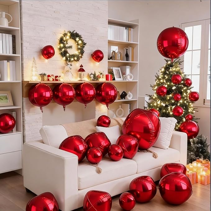 12Pcs Red Round Balloons Foil, 22" 18" 15" 10" 4D Round Ball Balloon, Big Metallic Red Foil Balloons Helium for Valentine Day Graduation Christmas New Year Prom Birthday Party Decorations Supplies